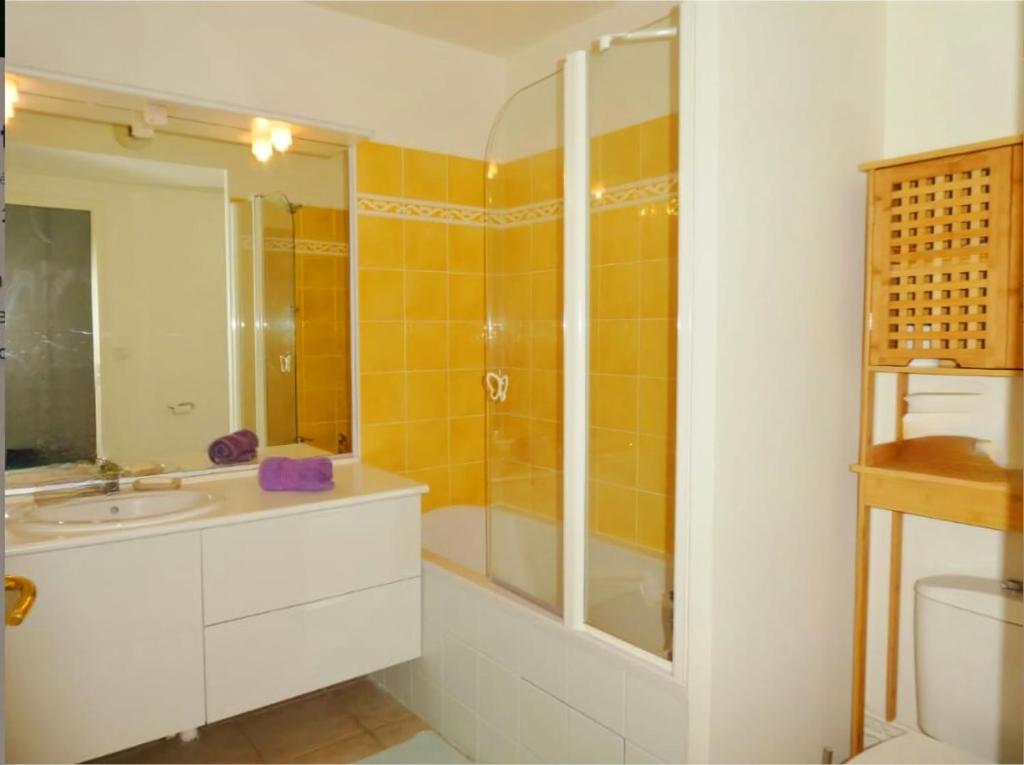 a bathroom with a sink and a shower and a toilet at Appartement Disneyland Paris Val d'Europe La vallée Village parking 500m gare Val d'Europe in Montévrain
