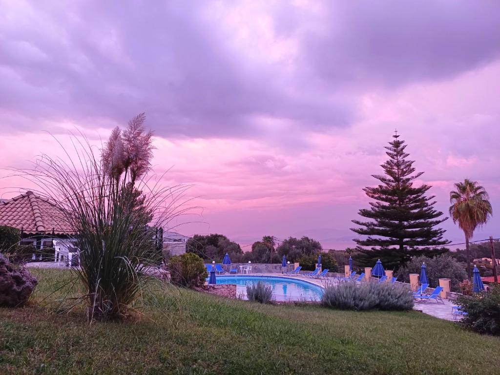 uma piscina num quintal com uma palmeira em Penelope Apartment Hotel em Dassia