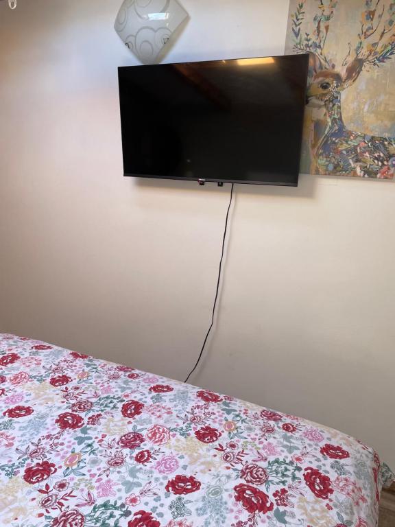 a bedroom with a bed and a flat screen tv on a wall at Penthouse Damjan in Rab