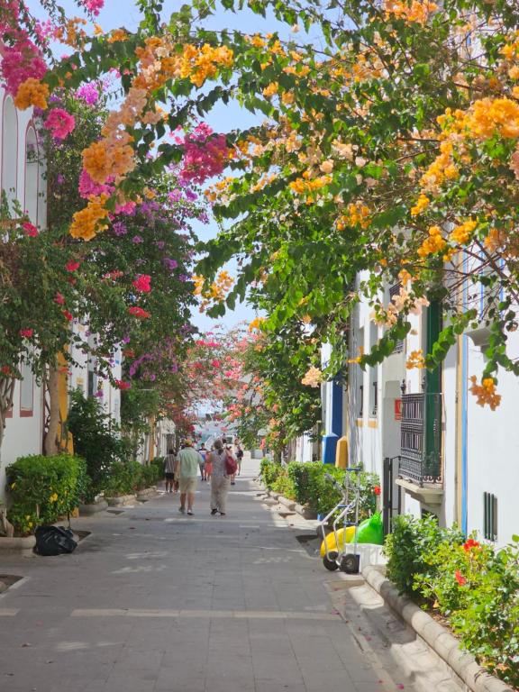 a street lined with white houses with flowers at Casa Kevin in Puerto de Mogán