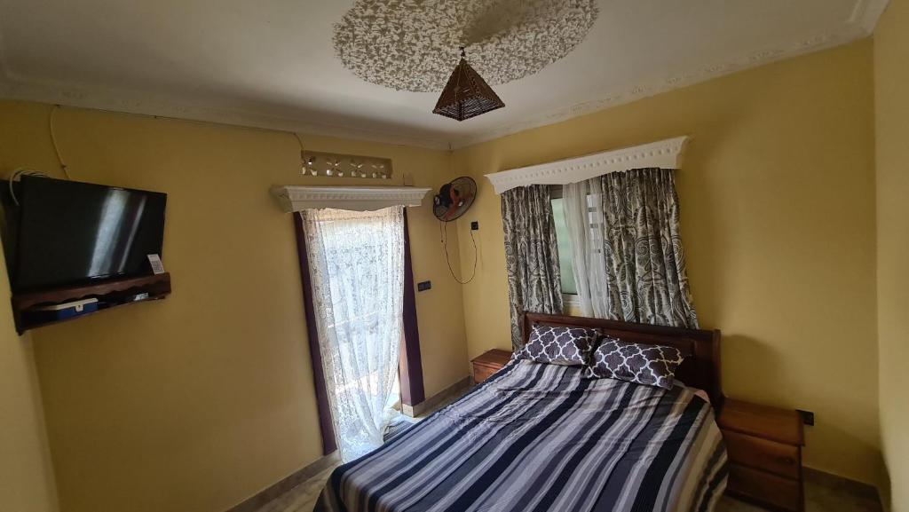 Schlafzimmer mit einem Bett, einem TV und einem Fenster in der Unterkunft Logement Petit Studio Salazamay Tamatave Madagascar in Toamasina