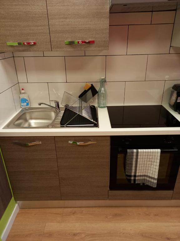 a small kitchen with a sink and a counter top at STUDIO AVEC TERRASSE DONNANT SUR UN PARC ABORE in Bourg-en-Bresse