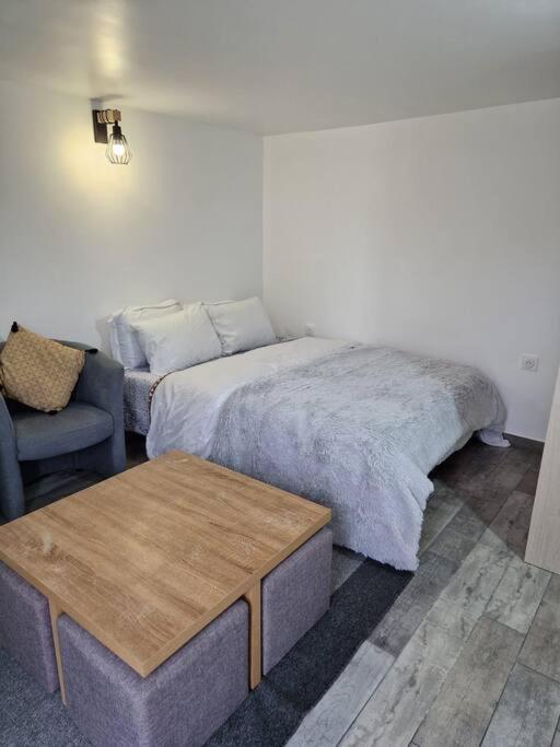 une chambre avec un lit, un canapé et une table dans l'établissement StudioNeuf équipé CDG/Parc Expo/ Paris, à Aulnay-sous-Bois