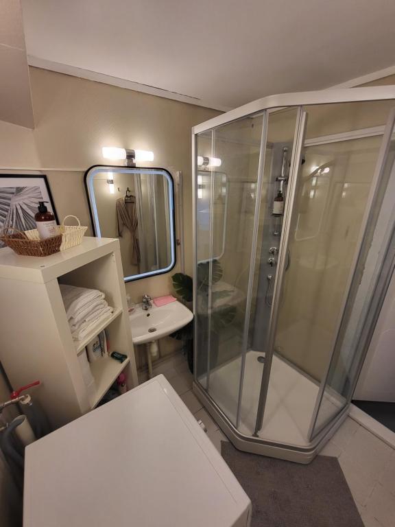 La salle de bains est pourvue d'une douche en verre et d'un lavabo. dans l'établissement Apartment in Sandvika Bærum - Great view and Attractive, à Østre Jong