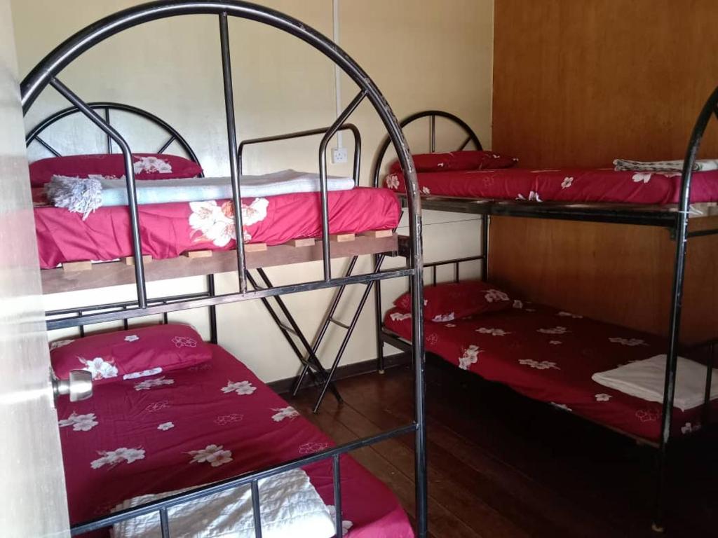 a room with three bunk beds with red sheets at Mountainresthouse 