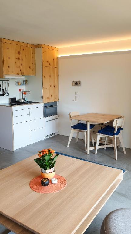 Kuchyň nebo kuchyňský kout v ubytování Modernes Alpenstudio mit Bergblick, Pool und Sauna