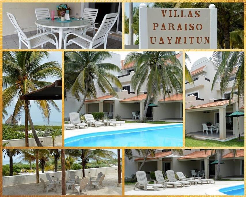 un collage de fotos de un hotel y una piscina en HOUSE FRONT OF THE SEA, en Progreso