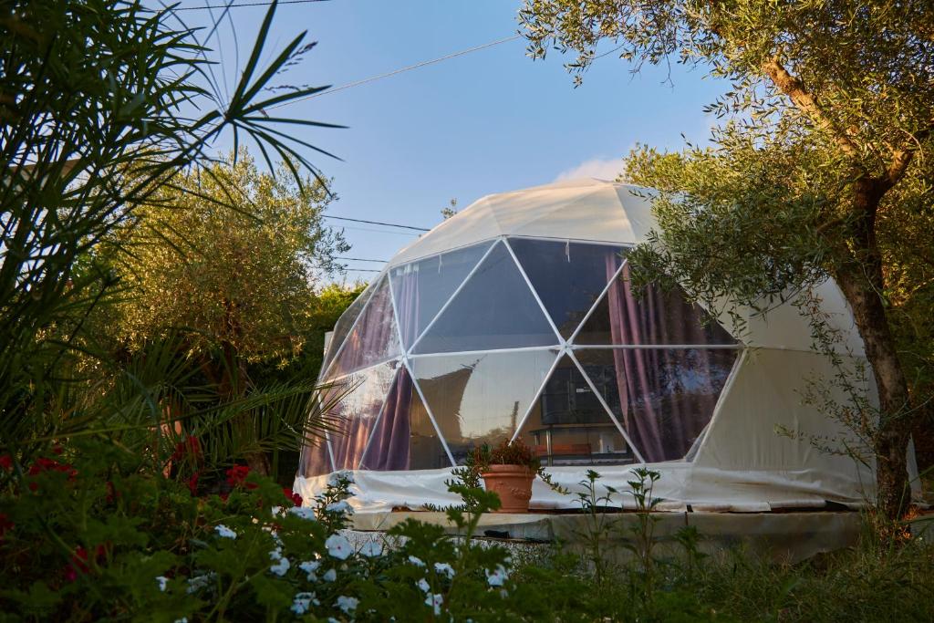 ein großes Kuppelzelt in einem Garten mit Bäumen in der Unterkunft Glamping Domes San Martino in Itri