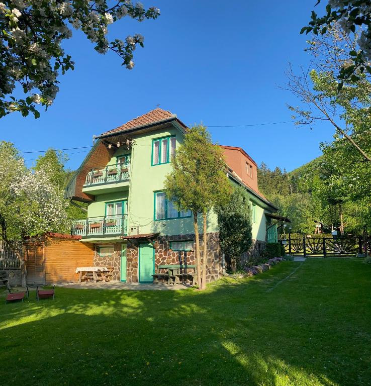 a large house with a yard in front of it at Pensiunea Panorama in Băile Tuşnad