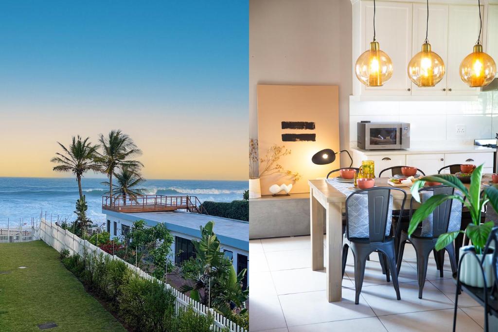 a kitchen and a dining room with a view of the ocean at Seaside Stay - Beachfront/ Backup Inverter/ Housekeeping in Ballito