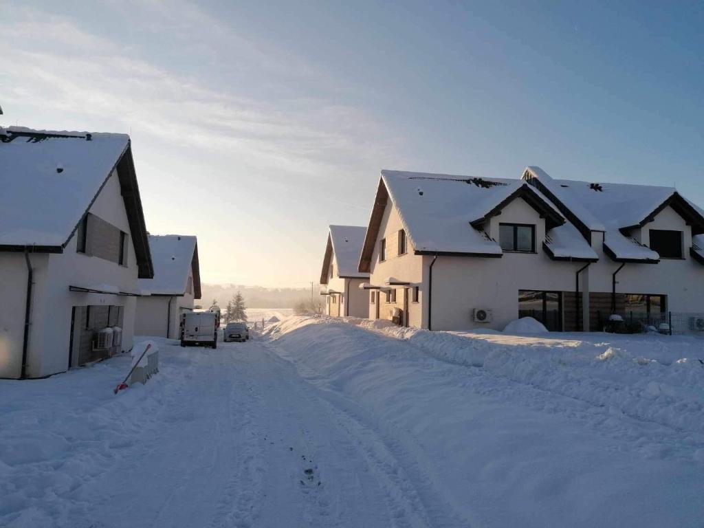 un grupo de casas cubiertas de nieve en Lipowa Nest, en Lipowa