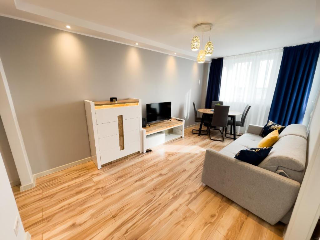 sala de estar con sofá y TV en Apartament Komfortowy z Widokiem, en Toruń