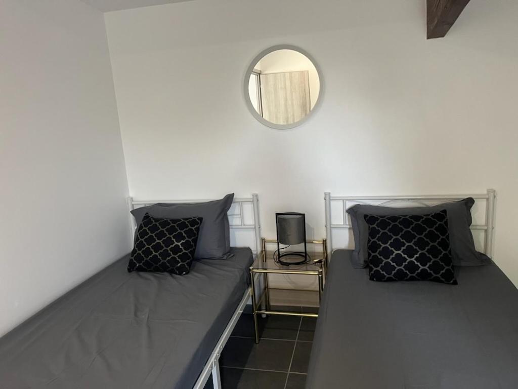 1 dormitorio con 2 camas y espejo en la pared en Maison toute équipée à Grézieu la Varenne, en Grézieu-la-Varenne