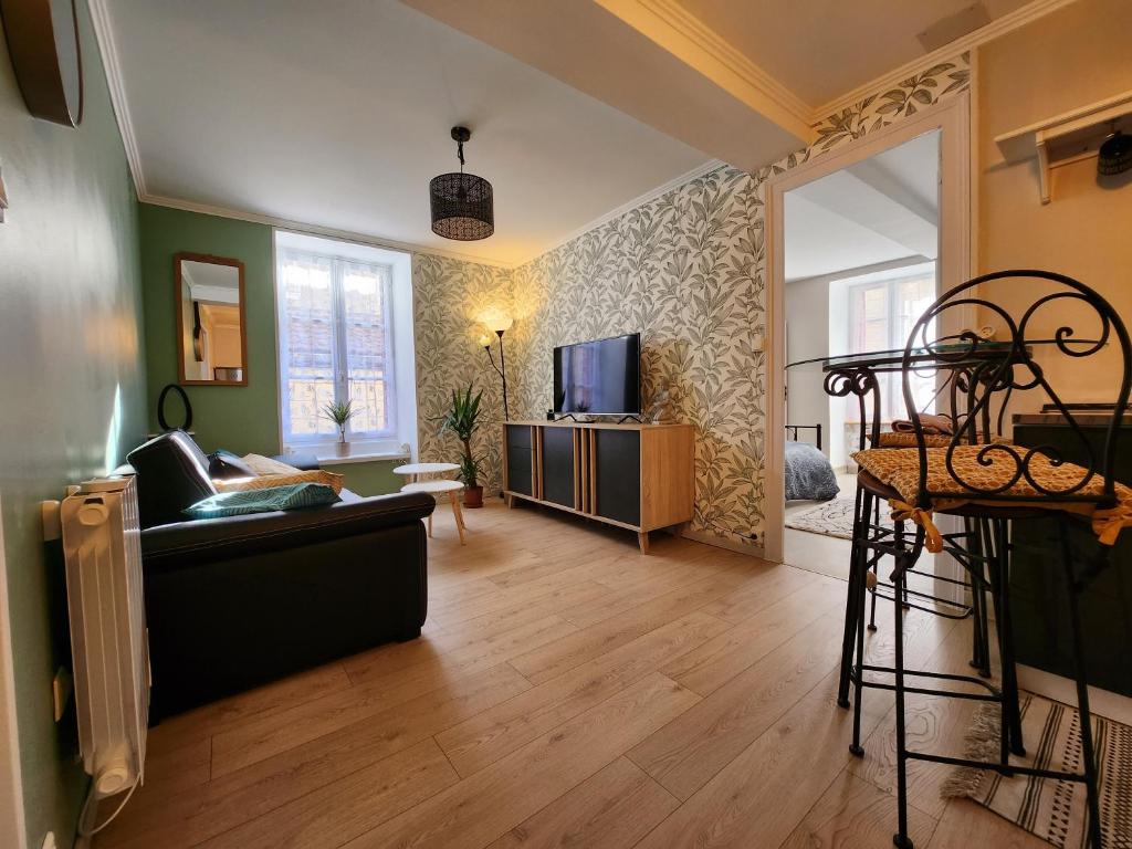 a living room with a couch and a television at Le p'tit gîte d'Edmé in Montbard