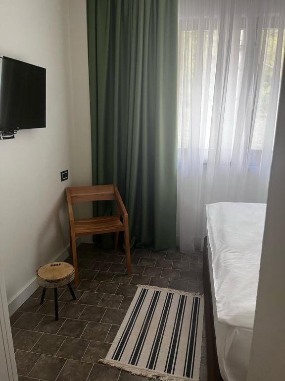 a room with a bed and a chair and a television at Vlasinsko jezero VILA BEST in Surdulica