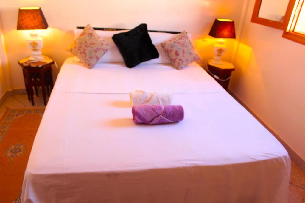 a bedroom with a large white bed with two pillows at Asunfou : Appartement d'apaisement in Mirleft