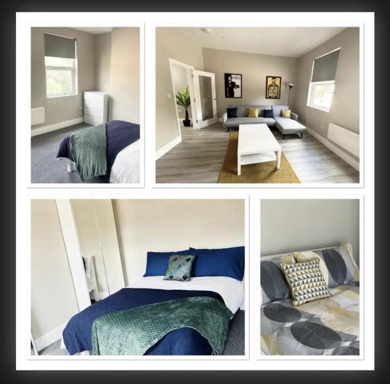 Quatre photos d'une chambre avec un lit et d'un salon dans l'établissement Spacious home near CityCentre Parking/Wifi/Netflix, à Nottingham