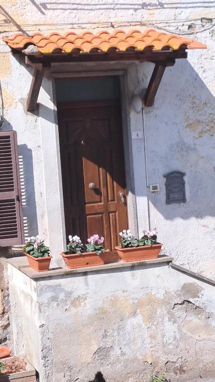 La casa nel borgo في براتشيانو: نافذة بها قدور الزهور على مبنى