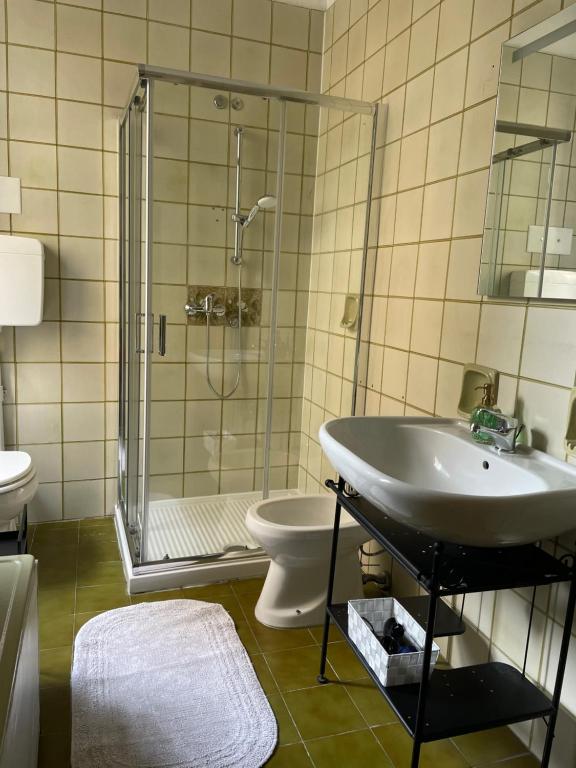 a bathroom with a shower and a sink and a toilet at Dimora Montecchi in Verona