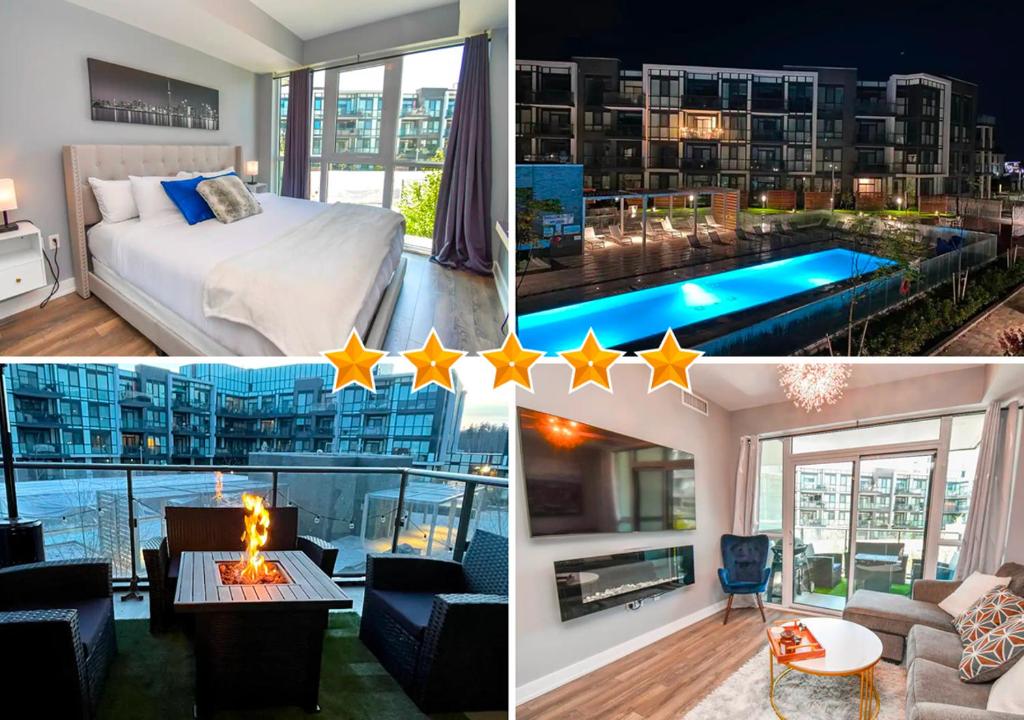 eine Collage mit vier Bildern eines Hotelzimmers in der Unterkunft King & Queen Bed, Pool, Firepit, Fully Stocked in Innisfil