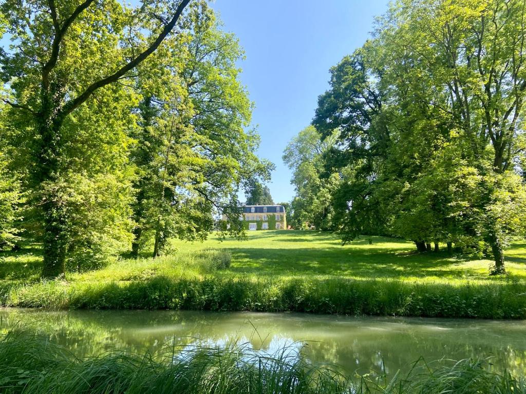 a pond in a park with trees and grass at Château de Belleaucourt 