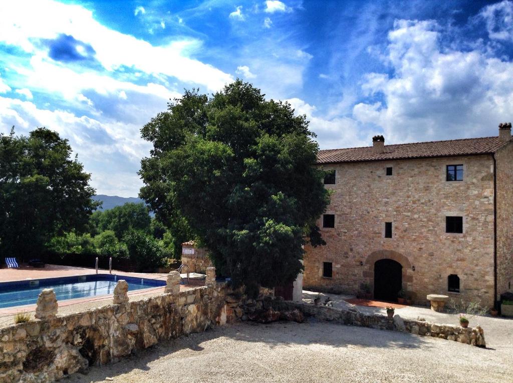 a large stone building with a tree next to a pool at Hotel Mas Pelegri in Serinyà