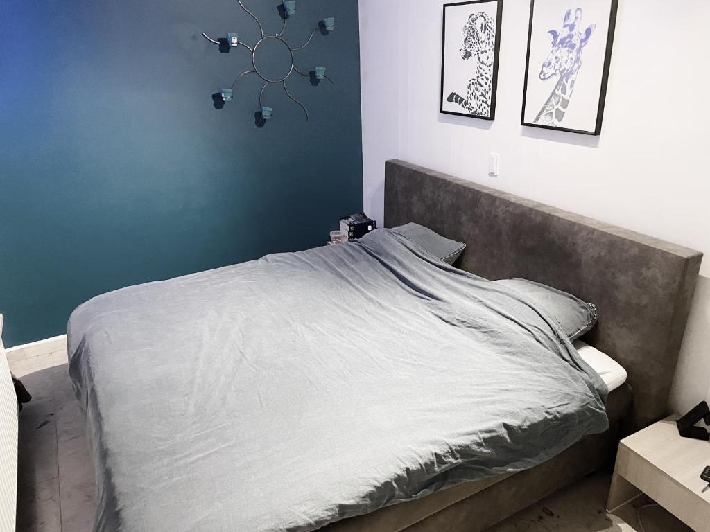 uma cama num quarto com uma parede azul em Relax em Kasterlee
