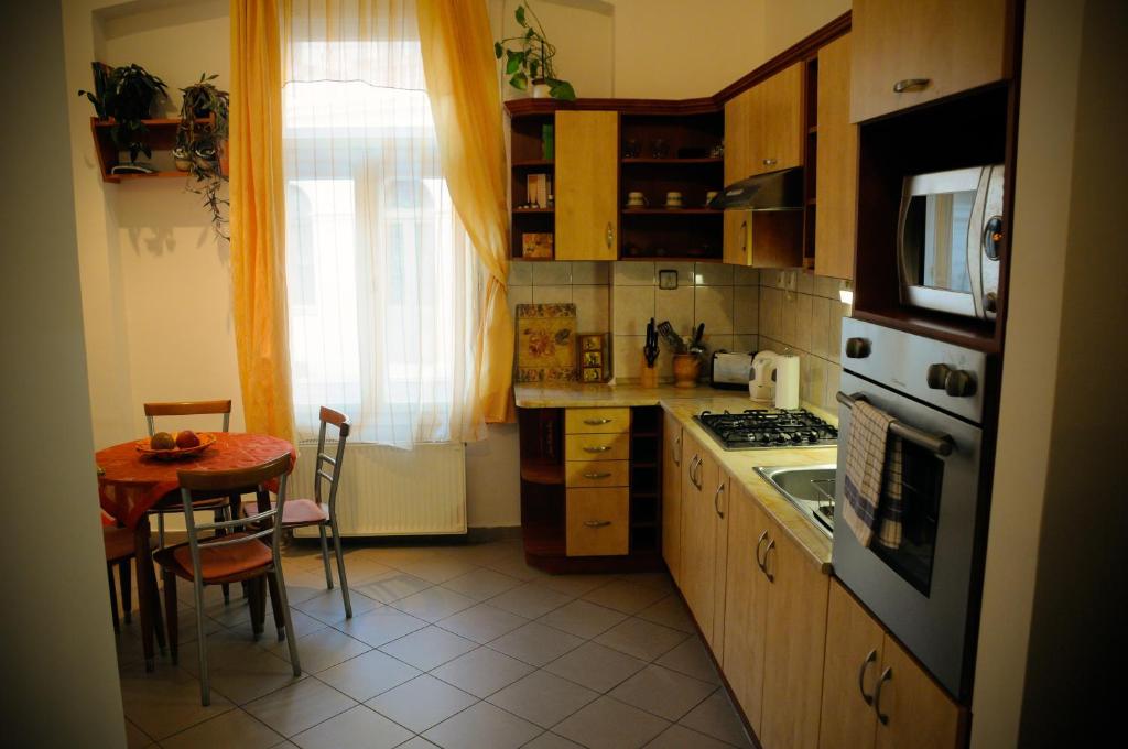 塞格德的住宿－Sunny Apartman，厨房配有桌子和炉灶。 顶部烤箱