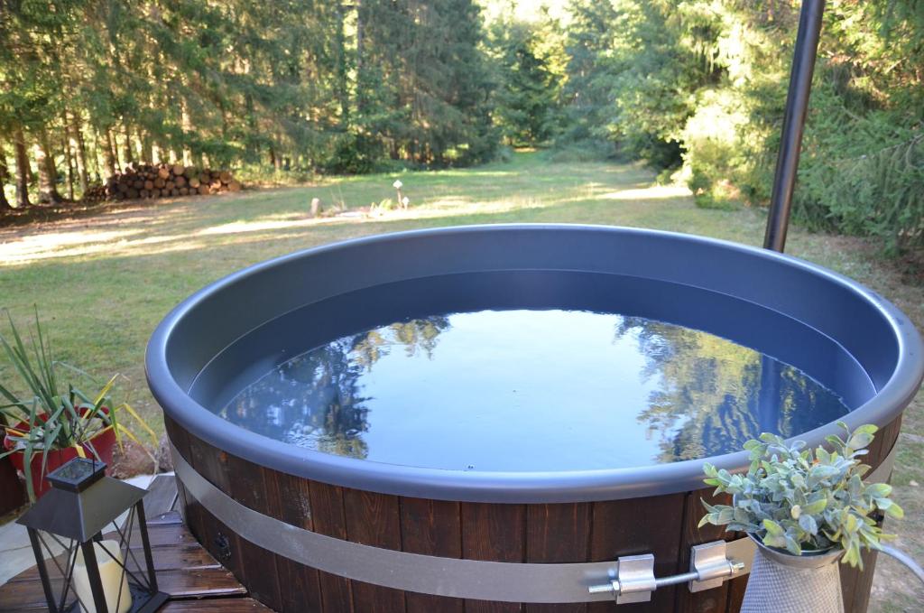 a large hot tub with a pond in a yard at Chambre d'hôtes jacuzzi L'envol du coquelicot 