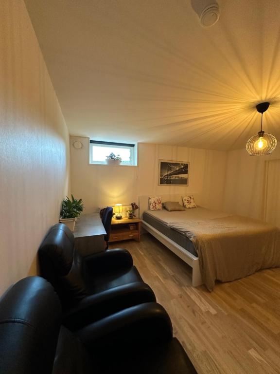 a bedroom with a bed and a couch and a chair at Spacious private room in a Vegan household in Gothenburg