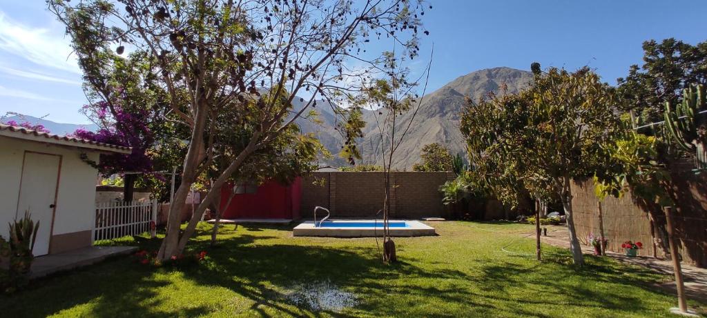 un patio trasero con un columpio en el patio con una montaña en Qintipillpi Lunahuaná, en Lunahuaná