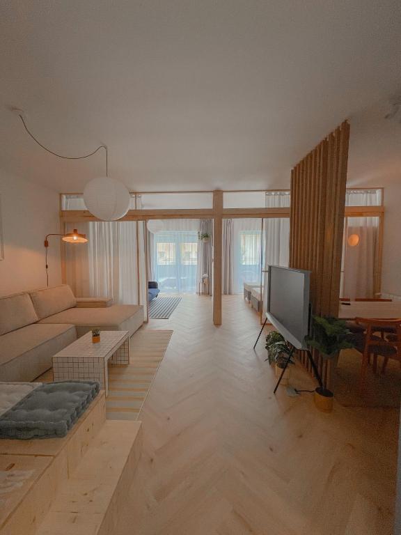 salon z kanapą i telewizorem w obiekcie NØDA - Nørdic Design Apartment with Terrace w Liptowskim Mikulaszu