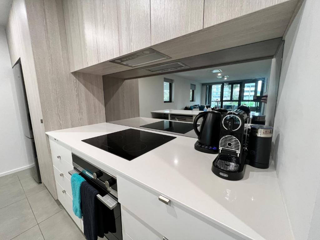 Embark Luxe 2BR 2Bath Apartment in Lynham 1 Secure Carpark Wifi Canberra的厨房或小厨房