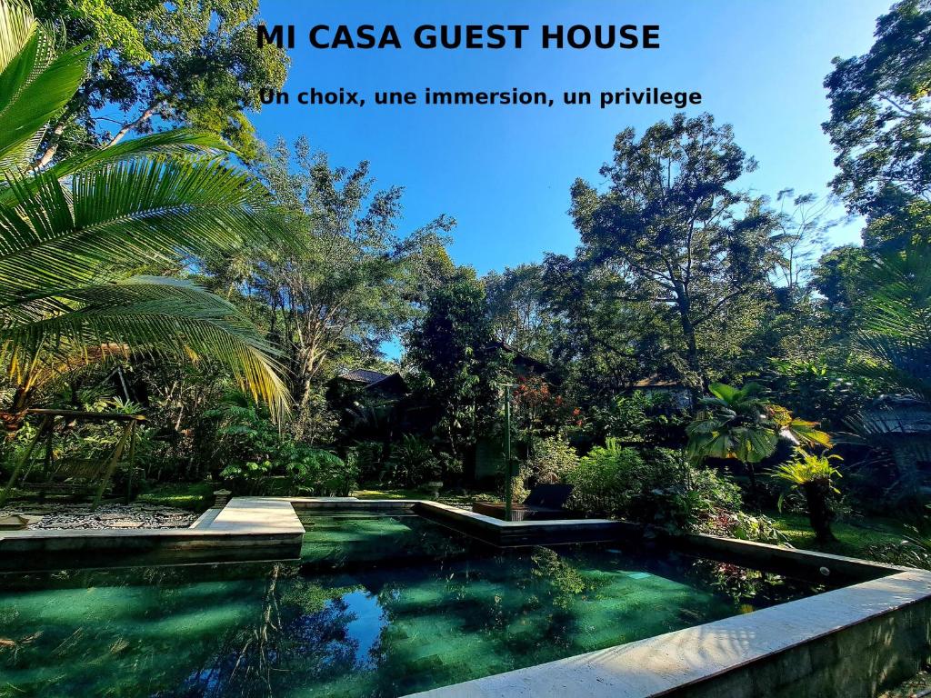 een zwembad in een villa pension met bomen bij Mi Casa - The gem of Ijen in Banyuwangi