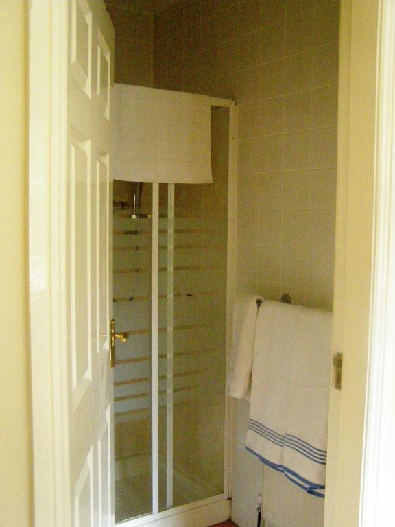 a bathroom with a shower with a glass door at Killurin Lodge in Wexford