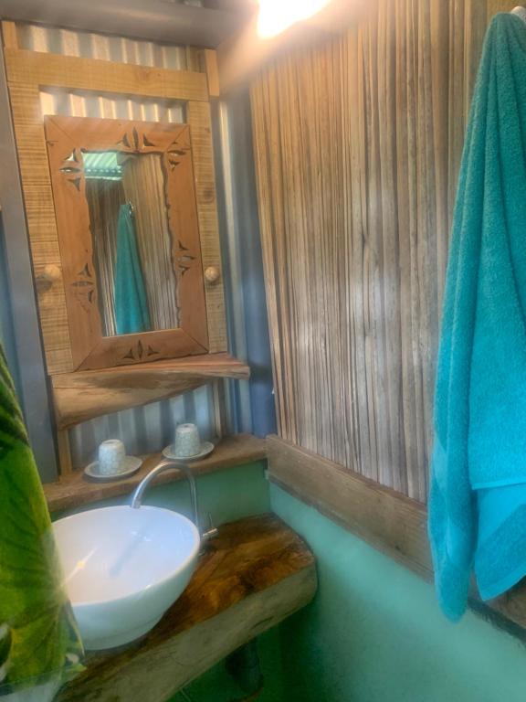 Rodrigues Island的住宿－Lily Pad lodge，一间带水槽和镜子的浴室