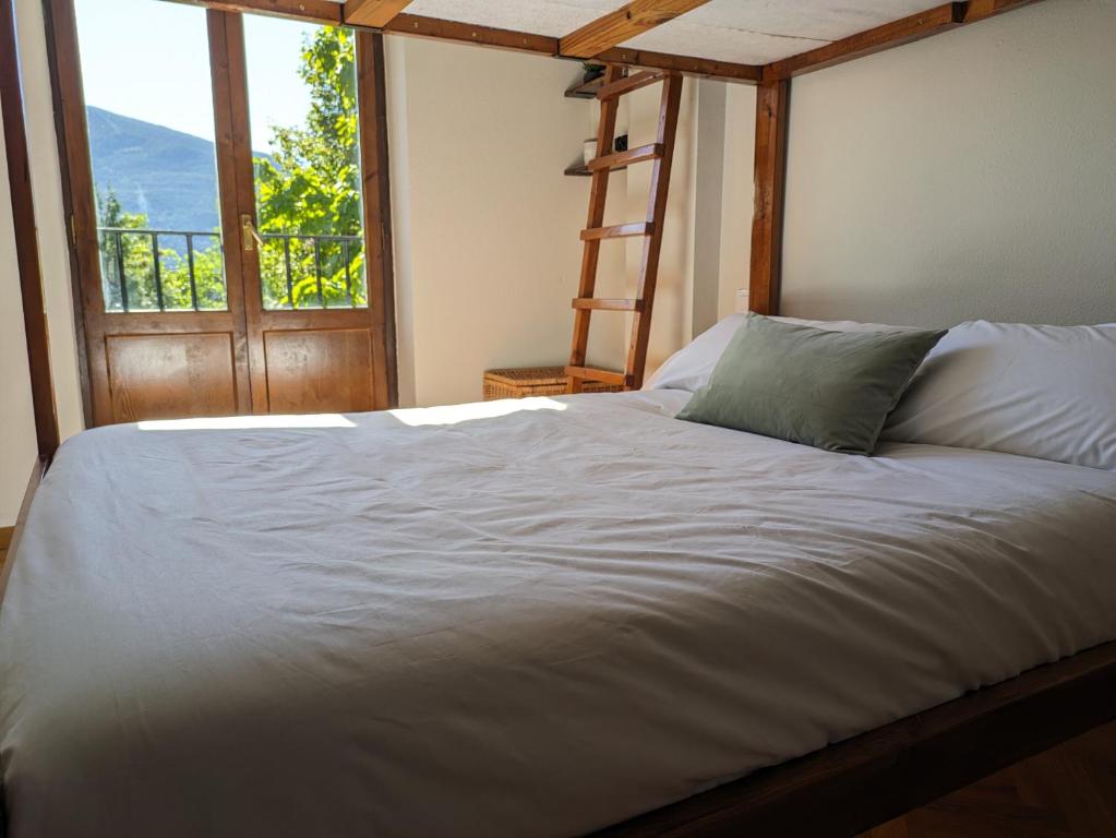 a bedroom with a bed with a ladder and a window at Piso Grande La Viña in Biescas