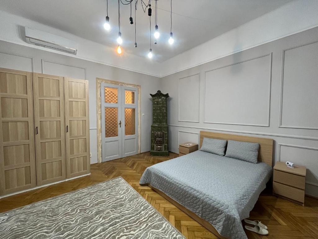 um quarto com uma cama e uma janela em Barty downtown apart 2 em Timişoara