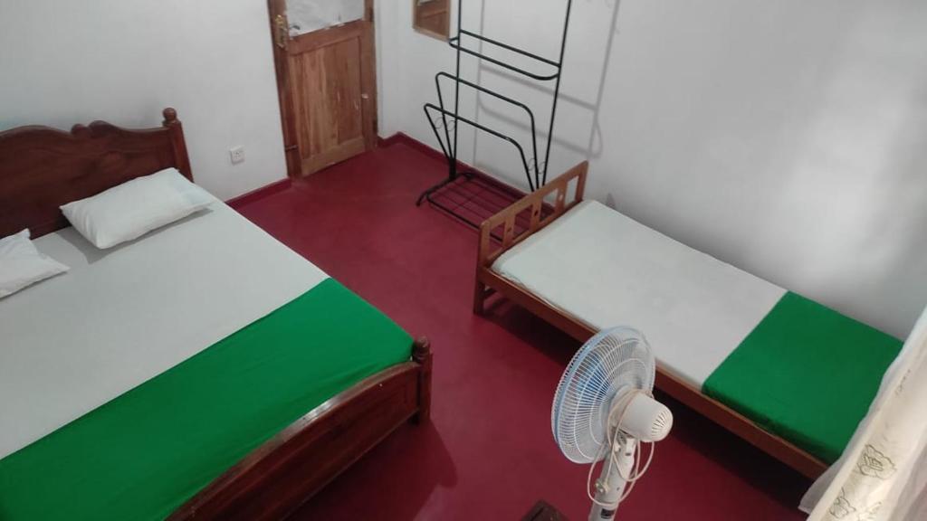 Cette petite chambre comprend deux lits et un ventilateur. dans l'établissement Happy Raydiant villa, à Anurâdhapura