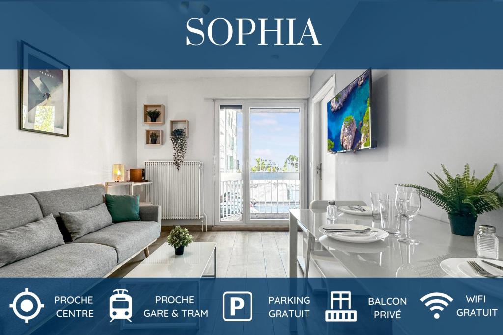 un soggiorno con divano e tavolo di SOPHIA - Proche Centre - Balcon Privé - Wifi Gratuit ad Annemasse