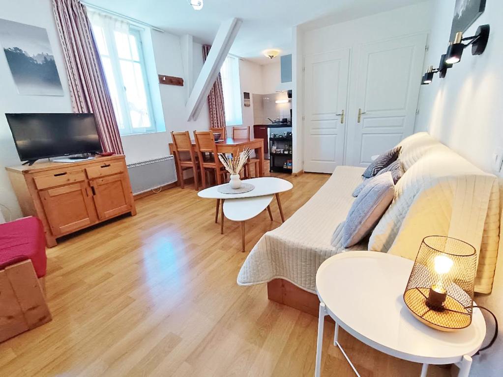 Televízia a/alebo spoločenská miestnosť v ubytovaní Le Venasque, T2, centre Luchon, wifi, casier à ski, ascenseur, 4 personnes