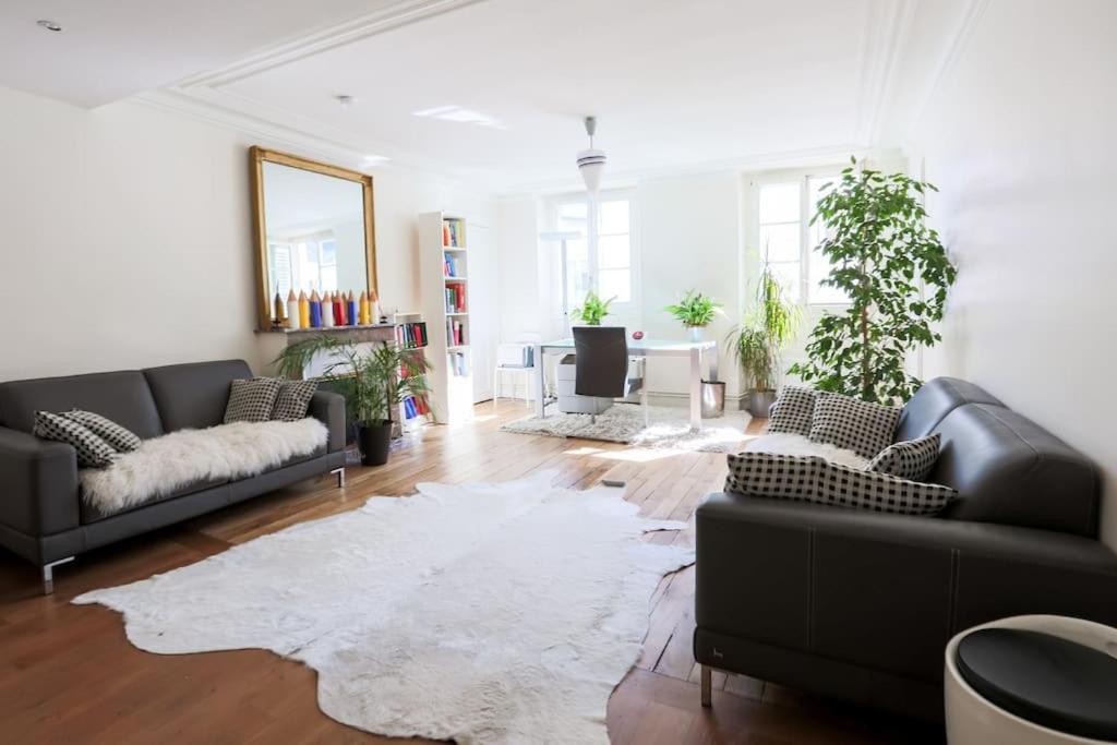 - un salon avec deux canapés et un tapis dans l'établissement Central and Parisian style - 3 bedrooms, à Paris
