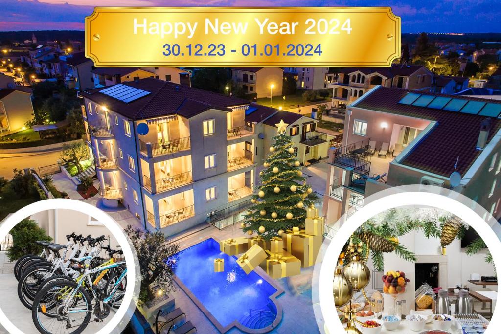 eine Collage mit Fotos eines Hauses mit einem Weihnachtsbaum in der Unterkunft Apartments Villa Nina in Fažana