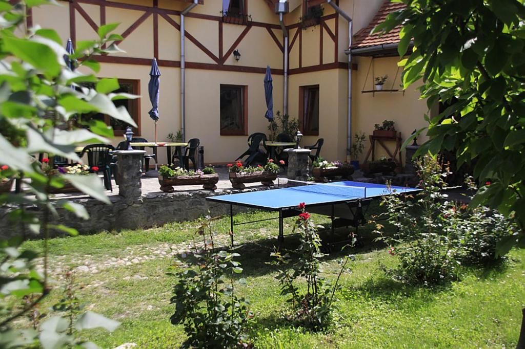 eine Tischtennisplatte im Hof eines Hauses in der Unterkunft Pensiunea Bendorfeanu in Răşinari