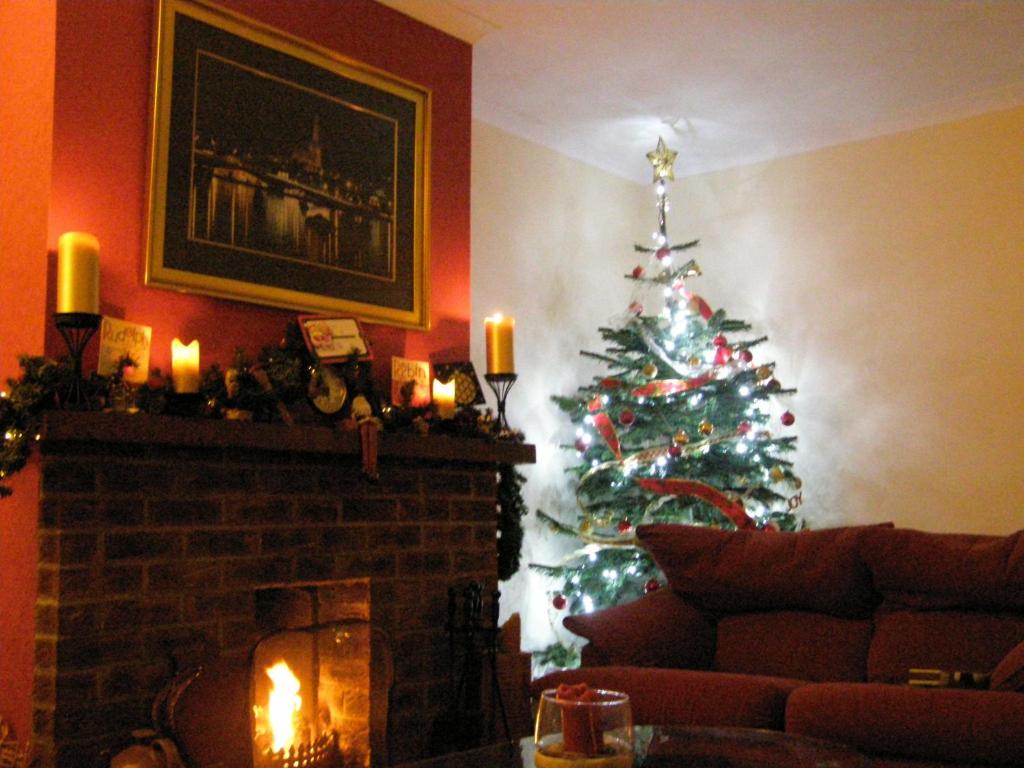 a living room with a christmas tree and a fireplace at Killurin Lodge in Wexford