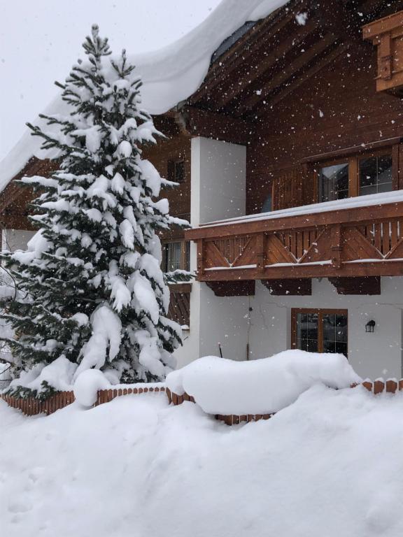 a snow covered christmas tree in front of a house at HAUS ERIKA apartments in Sölden