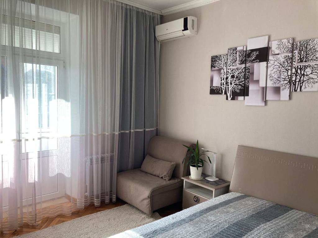 ヴィーンヌィツャにあるApartment Soborna St.のベッドルーム1室(ベッド1台、椅子、窓付)