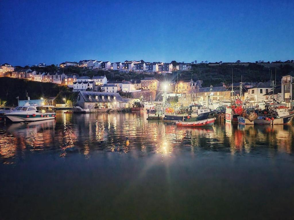 a group of boats docked in a harbor at night at An Mordros 15 Polkirt Heights in Mevagissey