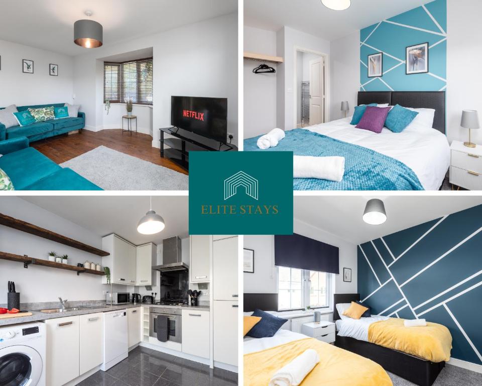 un collage de fotos de un dormitorio y una sala de estar en 3 Bedroom House Ashford, Kent - Free Parking - Free WiFi - Big Monthly Discounts - Sleeps 5 - Elite Stays UK, en Ashford