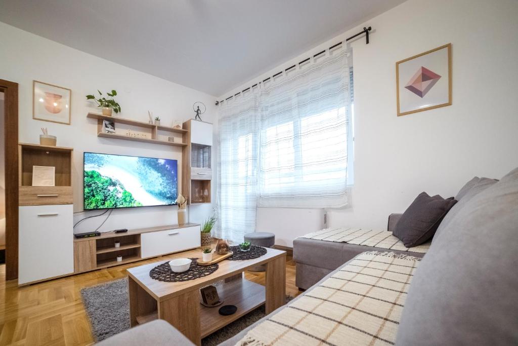 a living room with a couch and a flat screen tv at Katarina Premium Apartments in Pirot